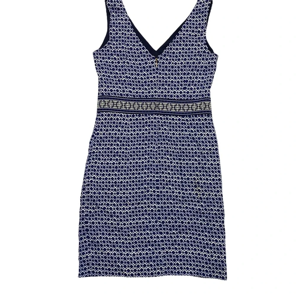 Tory Burch Navy‎ Blue White Geometric Tile V-Neck Sleeveless Shift Dress Size 8